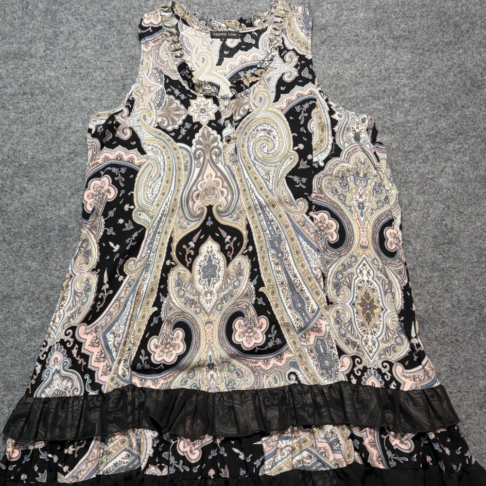 APPAREL LOVE Paisley Print Sleeveless Tunic Tiered Ruffle Hem Black Pink Large